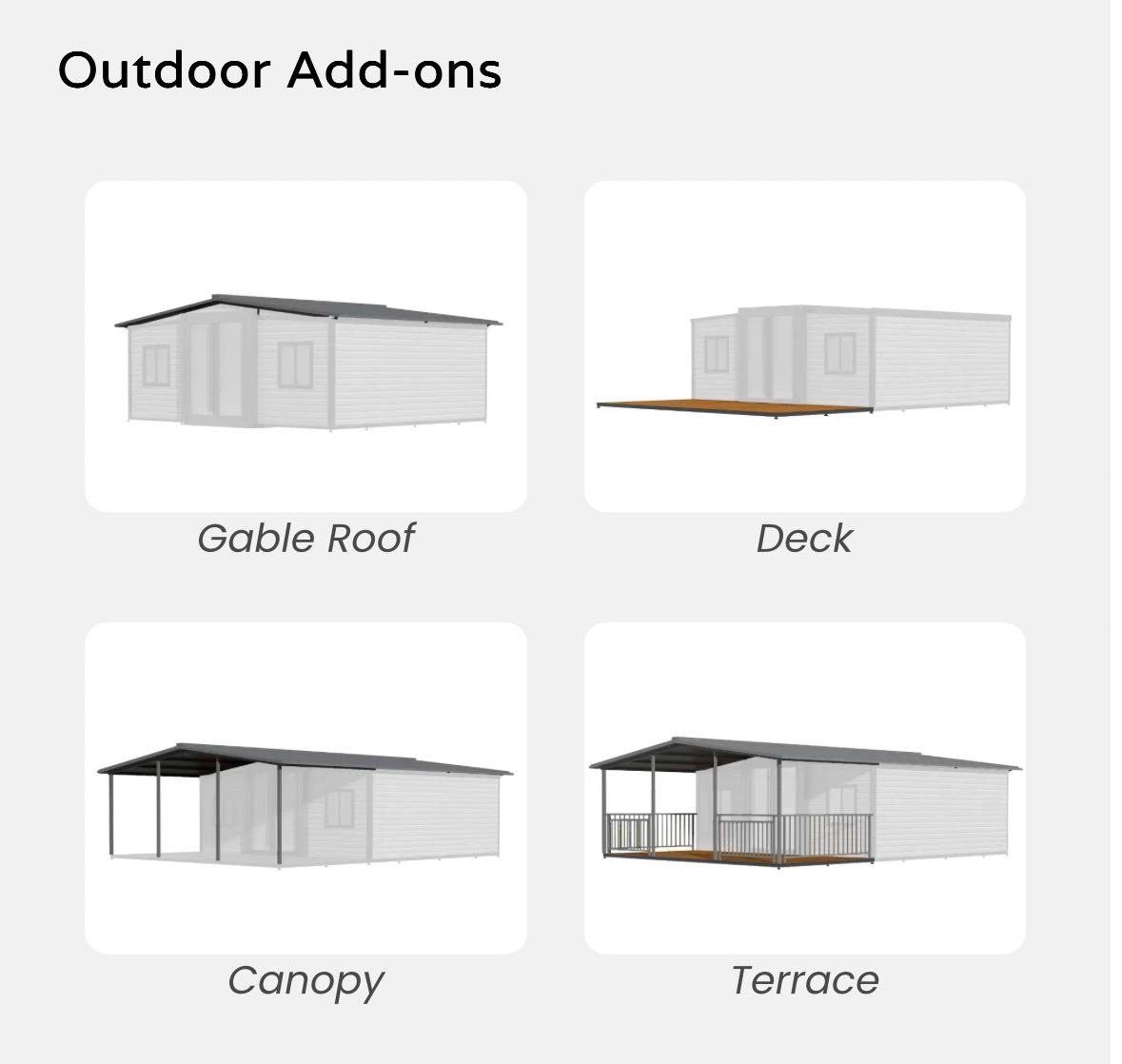 Outdoor add-on options: gable roof, deck, canopy and terrace for a Tiny Homes NSW unit
