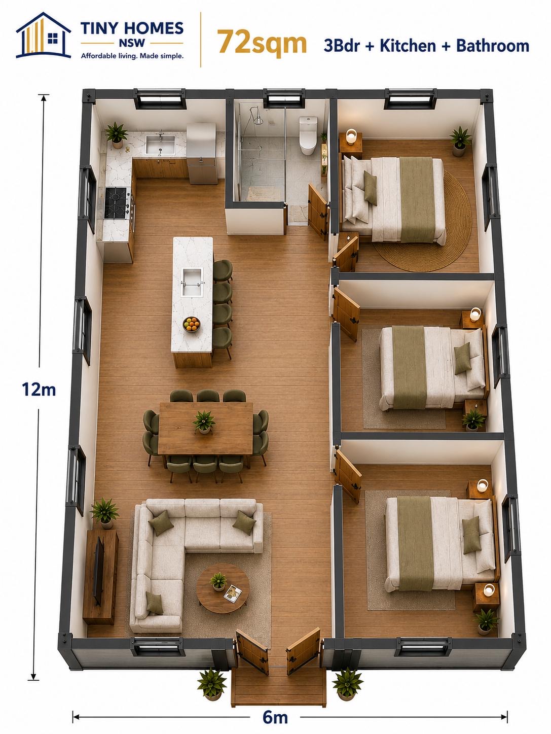 72m² floor plan with three bedrooms, kitchen and bathroom, 12m by 6m