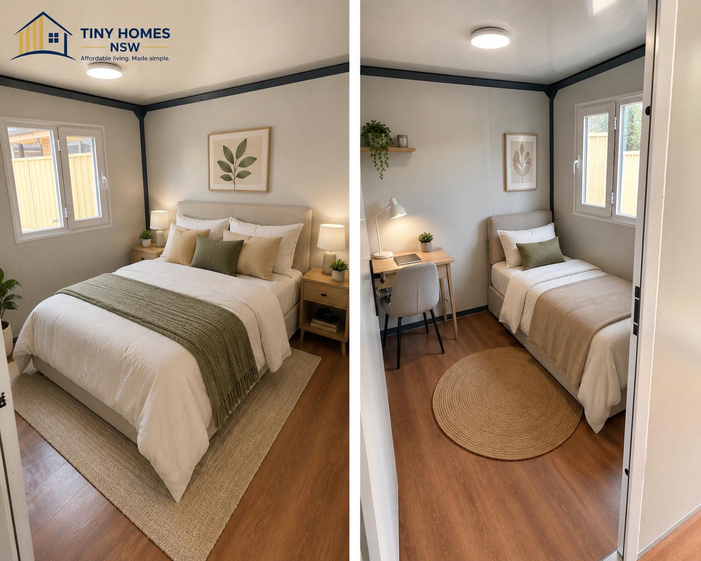 Bedrooms inside a Tiny Homes NSW unit, one with a queen bed and one with a single bed and desk