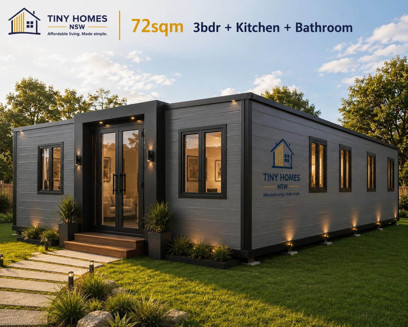 72m² expandable living tiny home with grey cladding, black-framed glass entrance and side windows in a landscaped yard