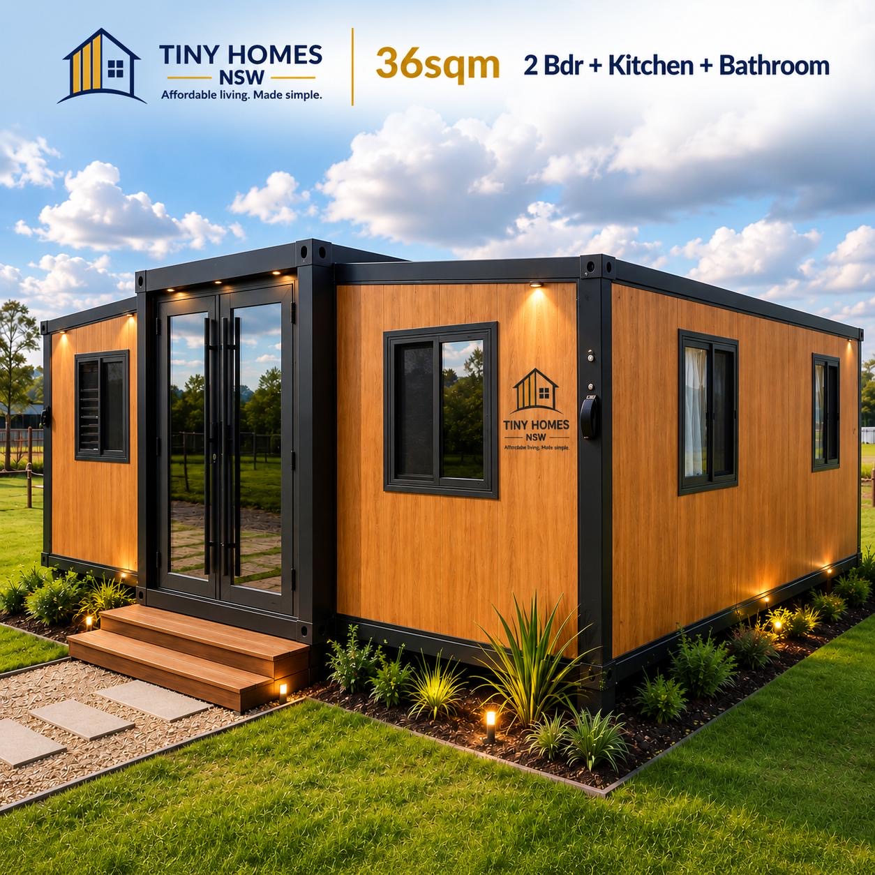 Expandable 36m² tiny home with timber and white cladding, shown expanded on a NSW property