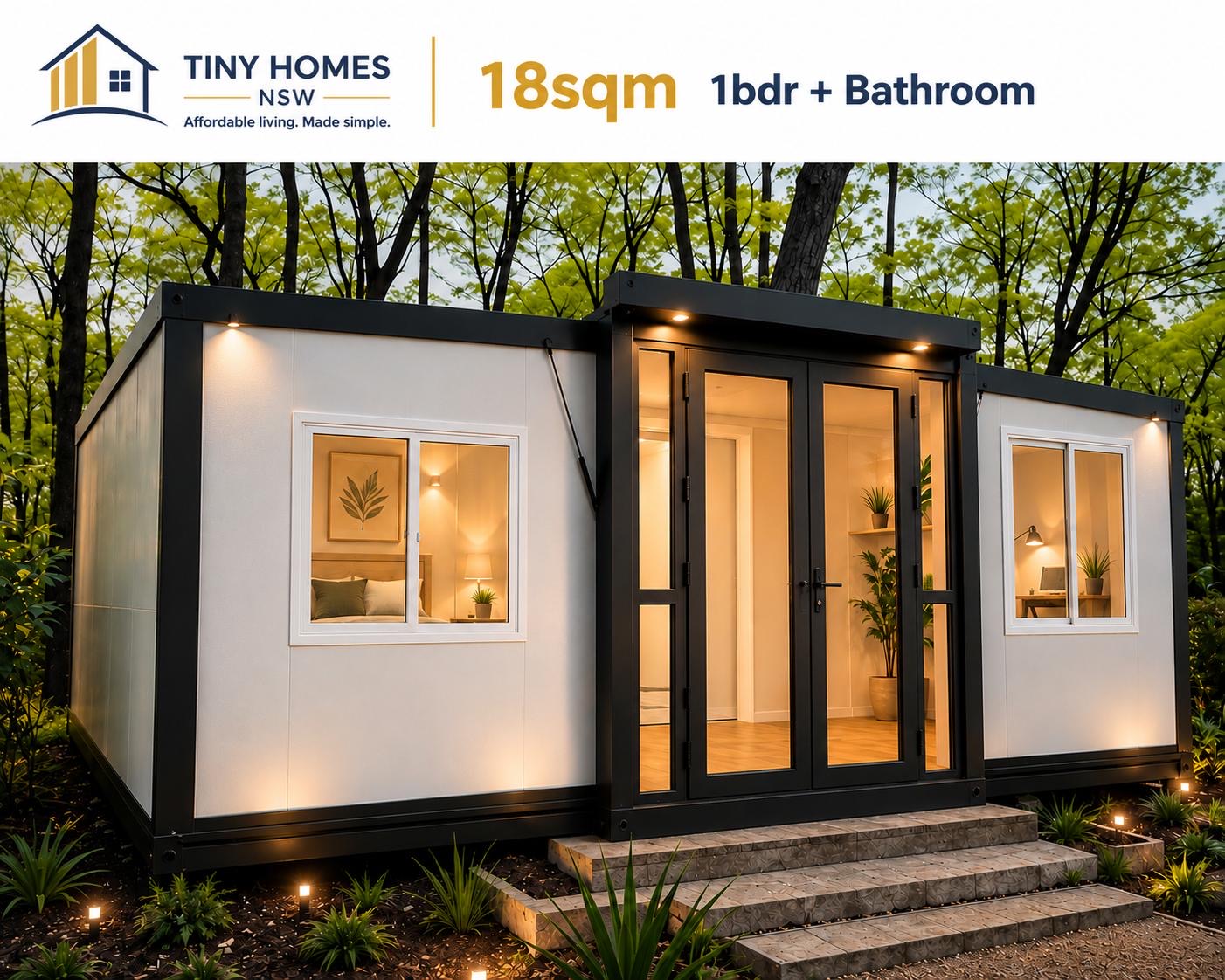 18m² expandable living tiny home with black-framed glass entrance and white sliding windows in a wooded setting