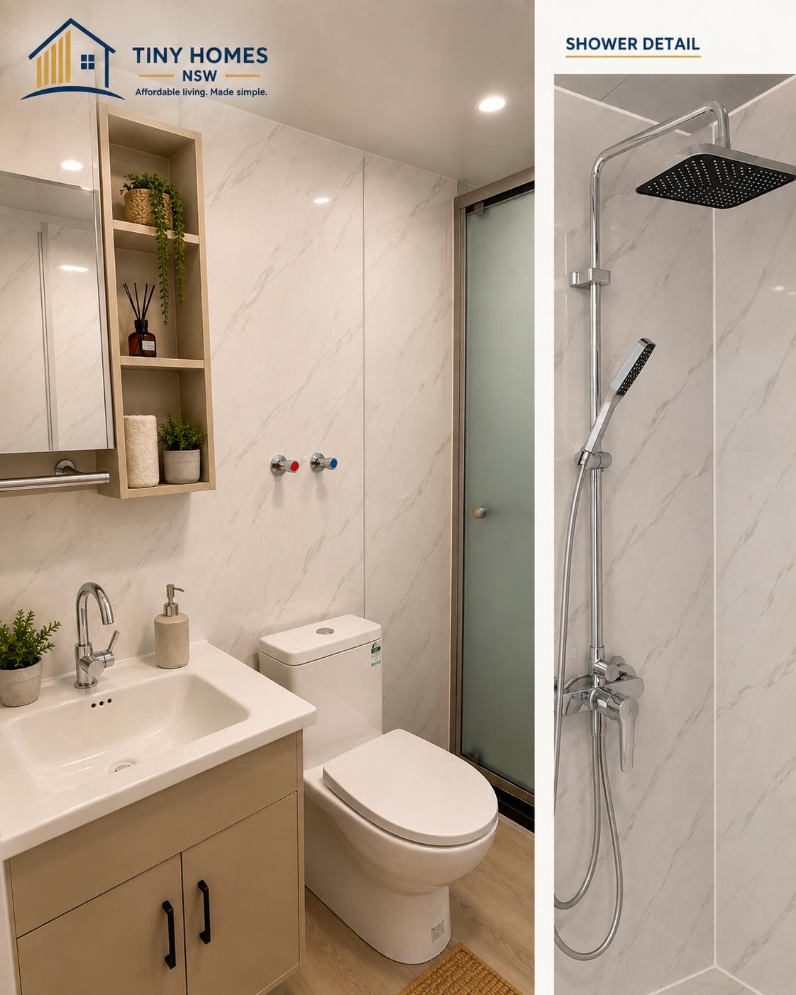Bathroom with vanity, toilet and shower inside a Tiny Homes NSW unit