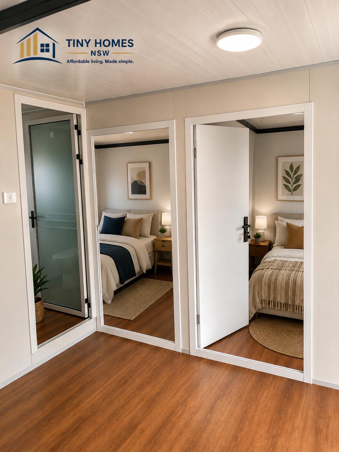 Internal hallway showing bathroom and two bedroom doorways inside a Tiny Homes NSW unit