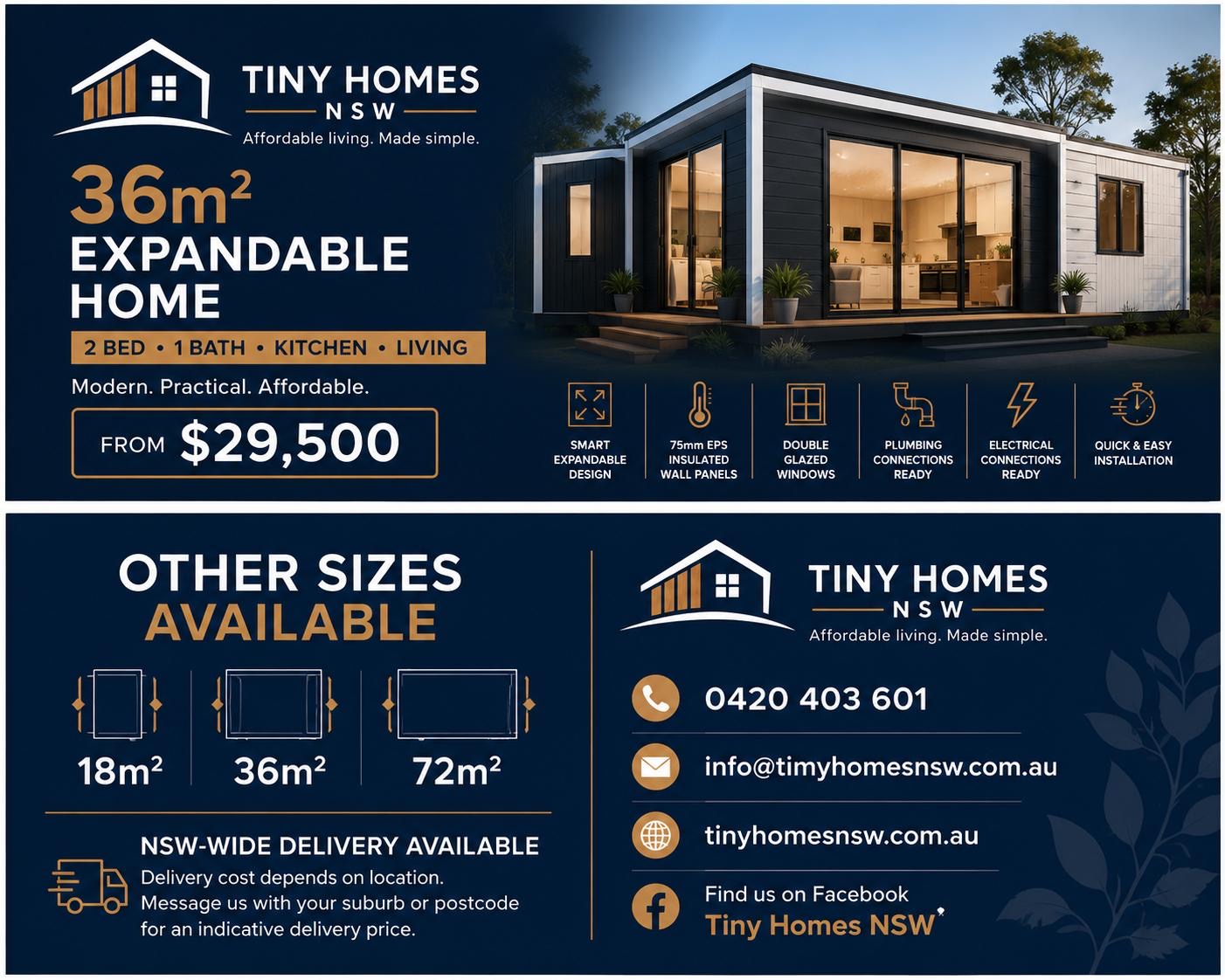 36m² expandable home with 2 bedrooms, kitchen and bathroom from $27,500