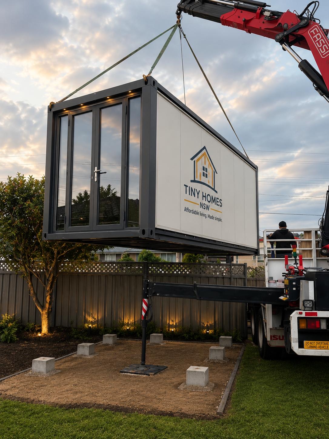 Portable tiny home being transported by truck through regional NSW