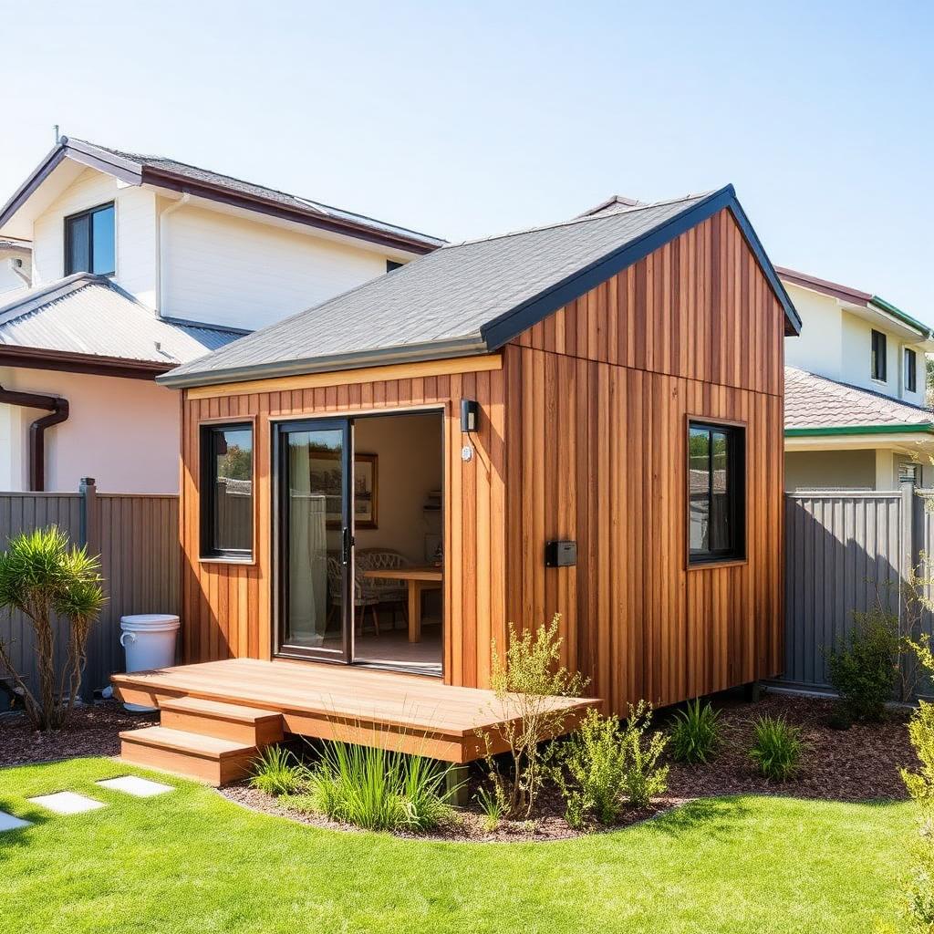 Portable tiny home used as a granny flat in a suburban Australian backyard