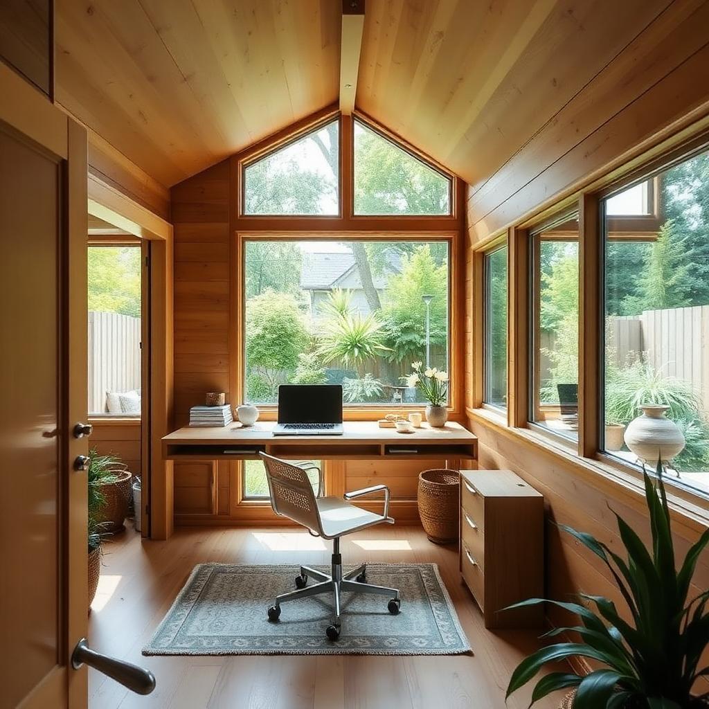 Backyard studio used as a portable home office with desk and garden views